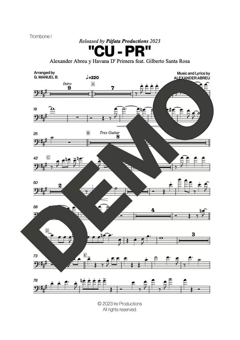 Gilberto Santa Rosa|Havana D' Primera – CU-PR – Sheet Music Demo Page 3 (PDF) – Includes charts for Trumpets, Trombones, Saxophone, Piano and Bass