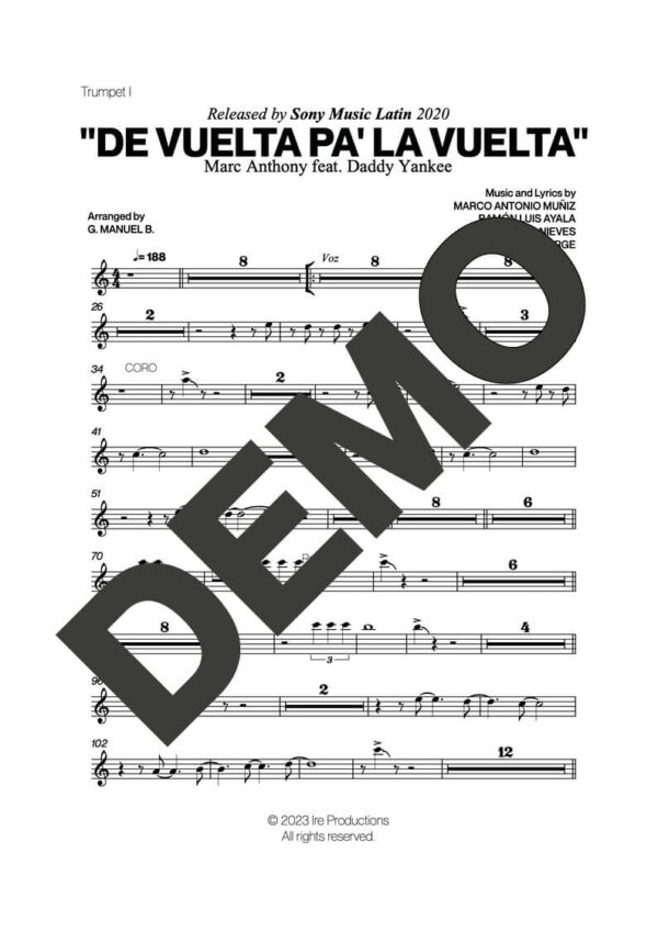 Marc Anthony – De Vuelta Pa' La Vuelta – First Page of Sheet Music Preview (PDF) – Includes charts for Trumpets, Trombones, Saxophone, Piano and Bass