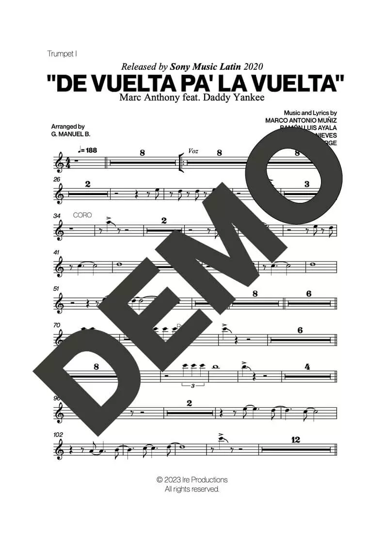 Marc Anthony – De Vuelta Pa' La Vuelta – First Page of Sheet Music Preview (PDF) – Includes charts for Trumpets, Trombones, Saxophone, Piano and Bass
