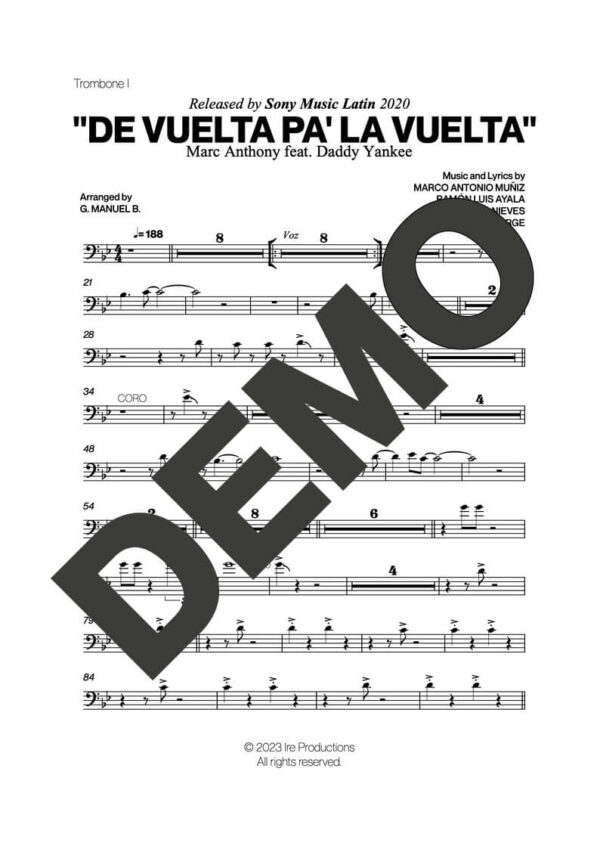Marc Anthony – De Vuelta Pa' La Vuelta – Sheet Music Demo Page 1 (PDF) – Includes charts for Trumpets, Trombones, Saxophone, Piano and Bass