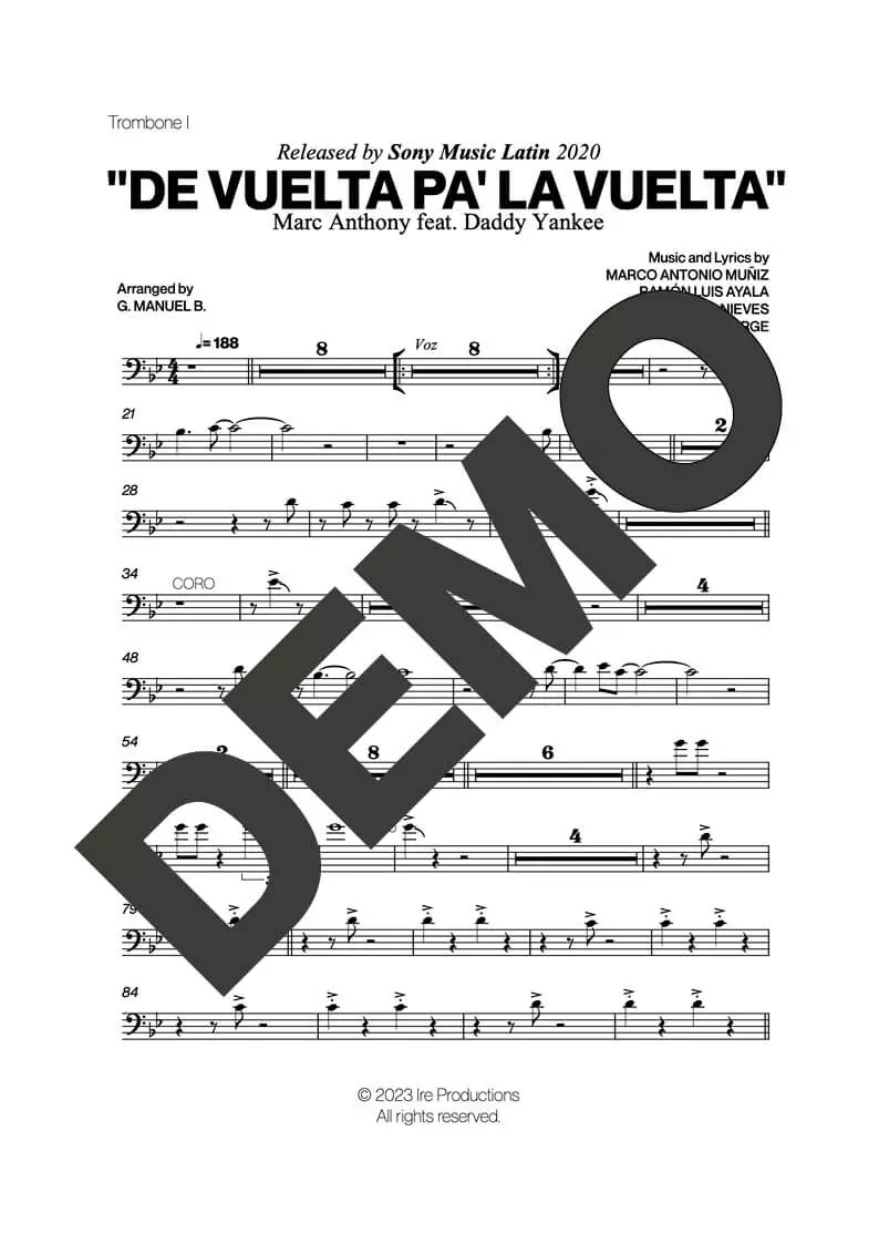 Marc Anthony – De Vuelta Pa' La Vuelta – Sheet Music Demo Page 1 (PDF) – Includes charts for Trumpets, Trombones, Saxophone, Piano and Bass