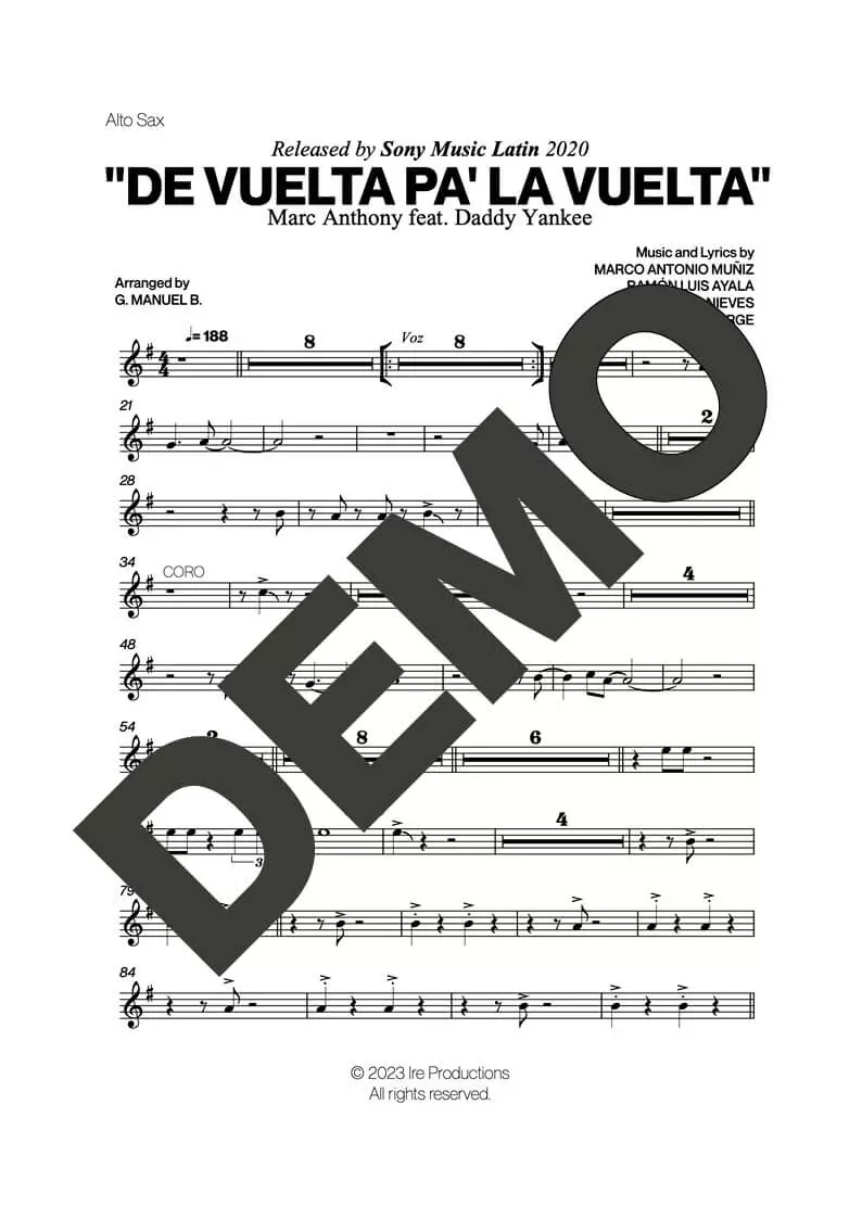 Marc Anthony – De Vuelta Pa' La Vuelta – Sheet Music Demo Page 2 (PDF) – Includes charts for Trumpets, Trombones, Saxophone, Piano and Bass