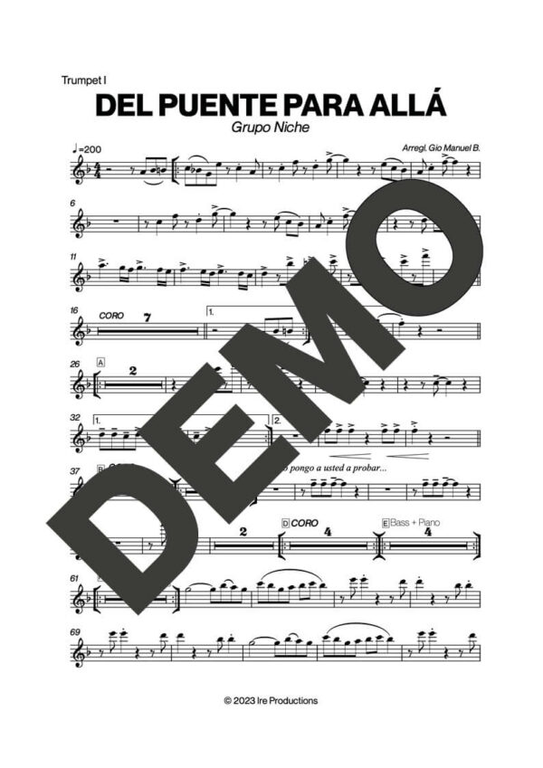 Grupo Niche – Del Puente Para Allá – First Page of Sheet Music Preview (PDF) – Includes charts for Trumpets, Trombones, Saxophone, Piano and Bass