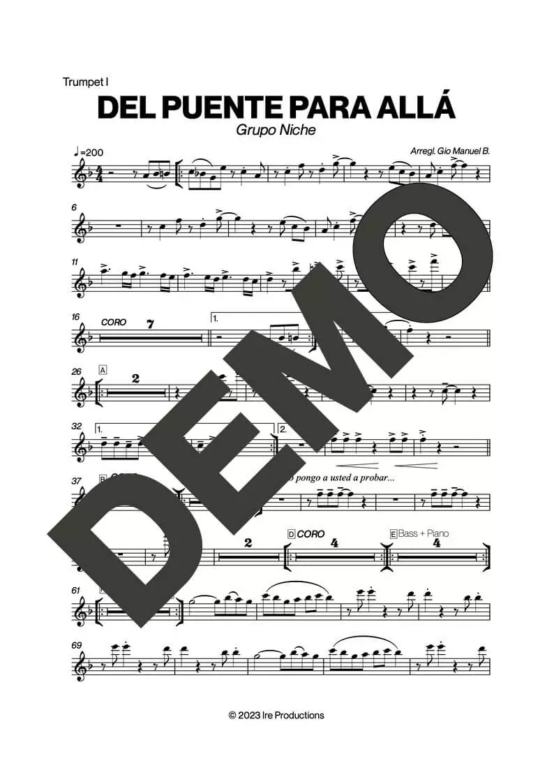 Grupo Niche – Del Puente Para Allá – First Page of Sheet Music Preview (PDF) – Includes charts for Trumpets, Trombones, Saxophone, Piano and Bass