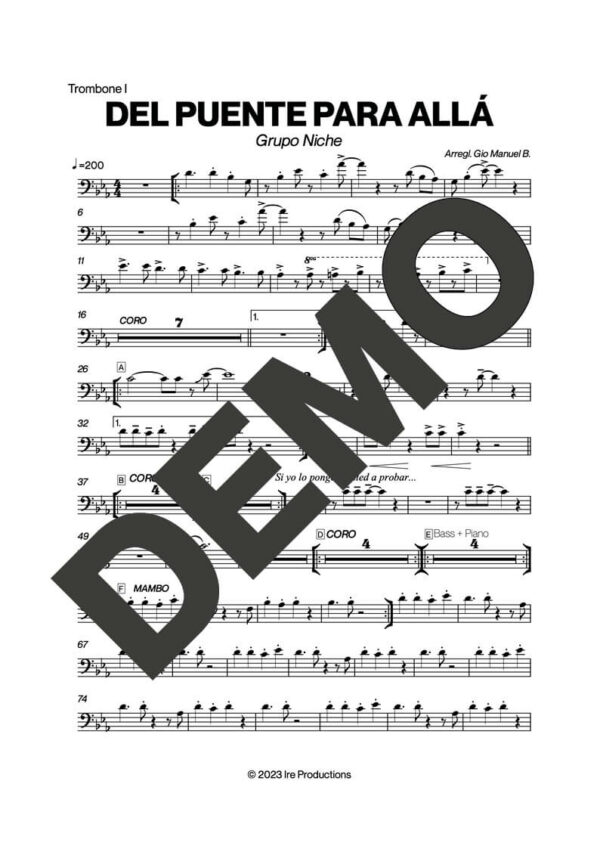 Grupo Niche – Del Puente Para Allá – Sheet Music Demo Page 1 (PDF) – Includes charts for Trumpets, Trombones, Saxophone, Piano and Bass