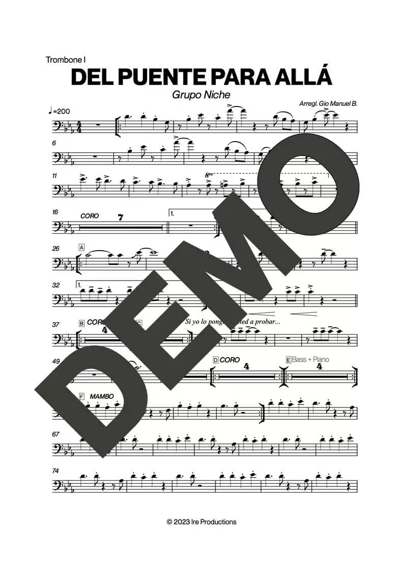 Grupo Niche – Del Puente Para Allá – Sheet Music Demo Page 1 (PDF) – Includes charts for Trumpets, Trombones, Saxophone, Piano and Bass