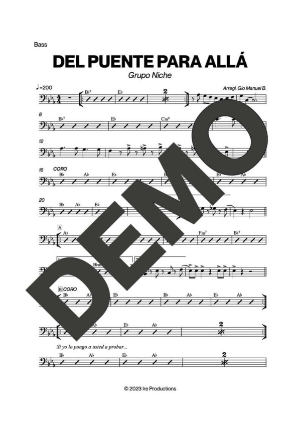 Grupo Niche – Del Puente Para Allá – Sheet Music Demo Page 3 (PDF) – Includes charts for Trumpets, Trombones, Saxophone, Piano and Bass