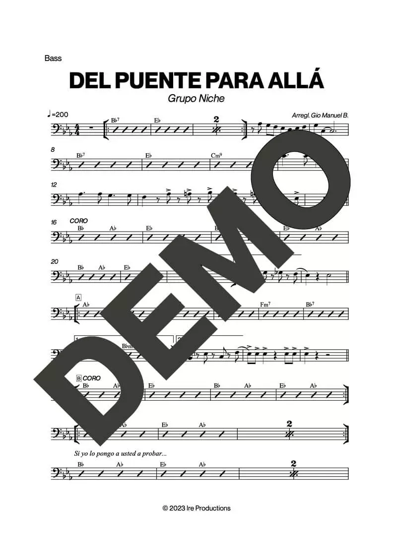 Grupo Niche – Del Puente Para Allá – Sheet Music Demo Page 3 (PDF) – Includes charts for Trumpets, Trombones, Saxophone, Piano and Bass