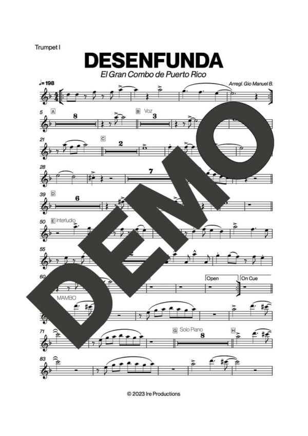 El Gran Combo de Puerto Rico – Desenfunda – First Page of Sheet Music Preview (PDF) – Includes charts for Trumpets, Trombones, Saxophone, Piano and Bass