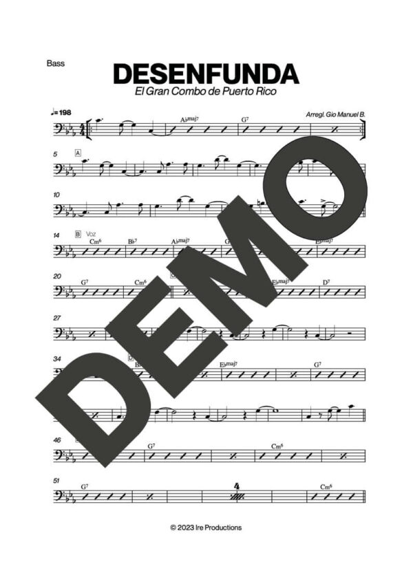 El Gran Combo de Puerto Rico – Desenfunda – Sheet Music Demo Page 3 (PDF) – Includes charts for Trumpets, Trombones, Saxophone, Piano and Bass