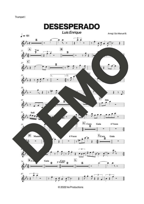 Luis Enrique – Desesperado – First Page of Sheet Music Preview (PDF) – Includes charts for Trumpets, Trombones, Saxophone, Piano and Bass