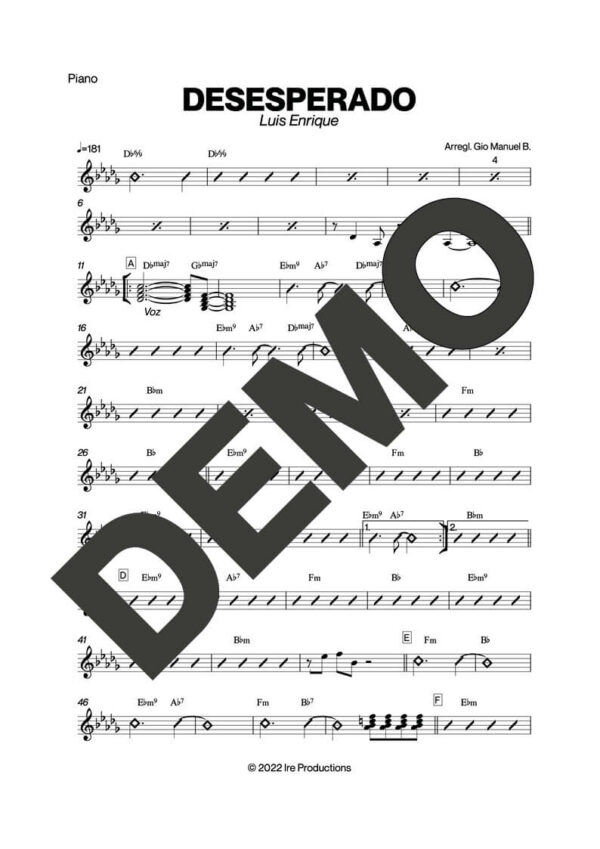 Luis Enrique – Desesperado – Sheet Music Demo Page 2 (PDF) – Includes charts for Trumpets, Trombones, Saxophone, Piano and Bass