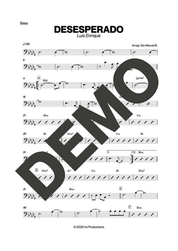 Luis Enrique – Desesperado – Sheet Music Demo Page 3 (PDF) – Includes charts for Trumpets, Trombones, Saxophone, Piano and Bass