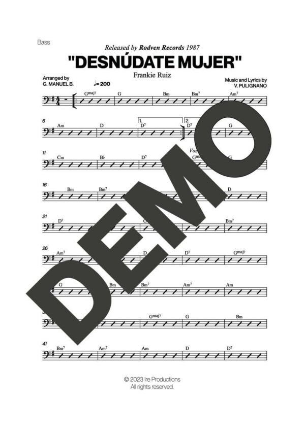 Frankie Ruiz – Desnúdate Mujer – First Page of Sheet Music Preview (PDF) – Includes charts for Trumpets, Trombones, Saxophone, Piano and Bass