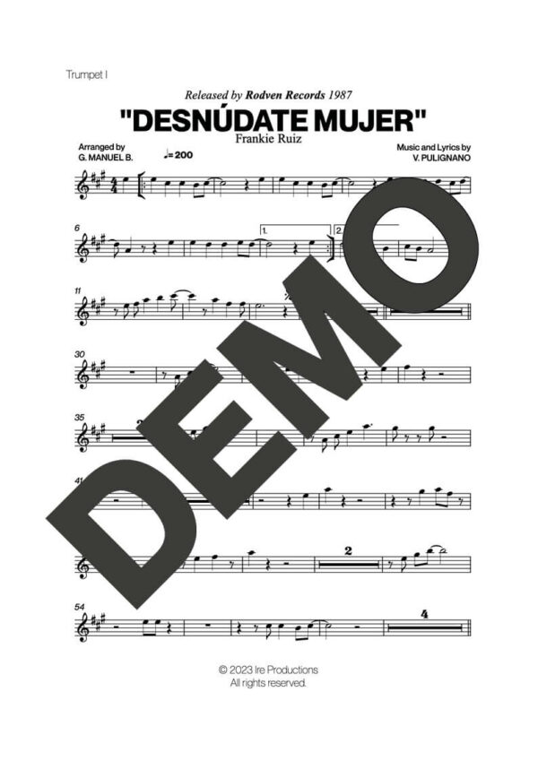 Frankie Ruiz – Desnúdate Mujer – Sheet Music Demo Page 2 (PDF) – Includes charts for Trumpets, Trombones, Saxophone, Piano and Bass