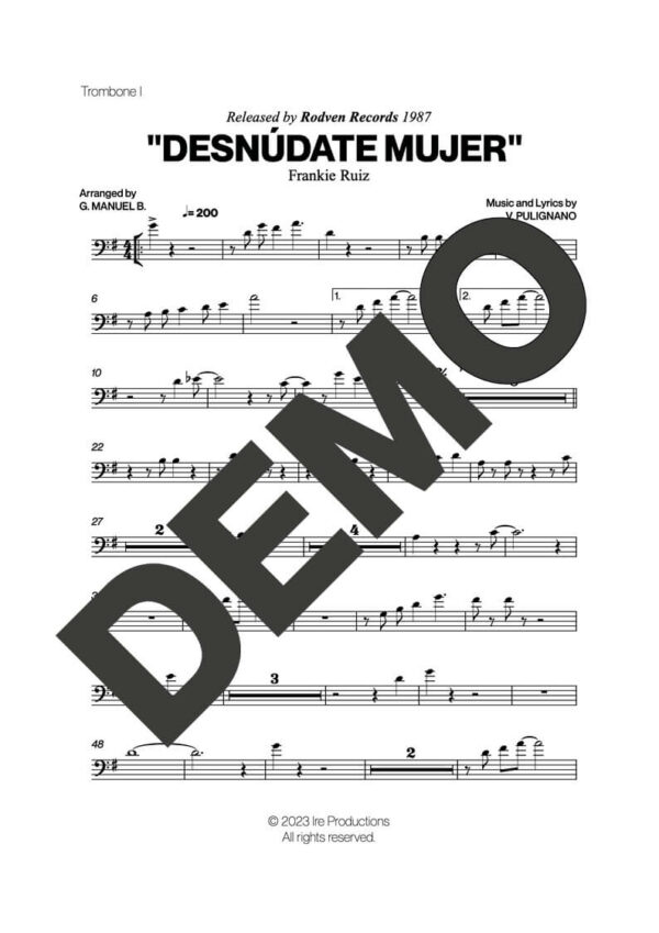 Frankie Ruiz – Desnúdate Mujer – Sheet Music Demo Page 3 (PDF) – Includes charts for Trumpets, Trombones, Saxophone, Piano and Bass