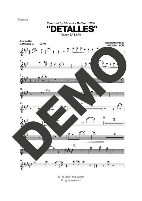 Oscar D' León – Detalles – First Page of Sheet Music Preview (PDF) – Includes charts for Trumpets, Trombones, Saxophone, Piano and Bass