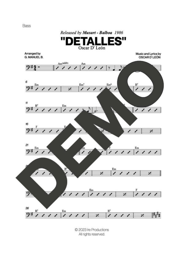 Oscar D' León – Detalles – Sheet Music Demo Page 3 (PDF) – Includes charts for Trumpets, Trombones, Saxophone, Piano and Bass