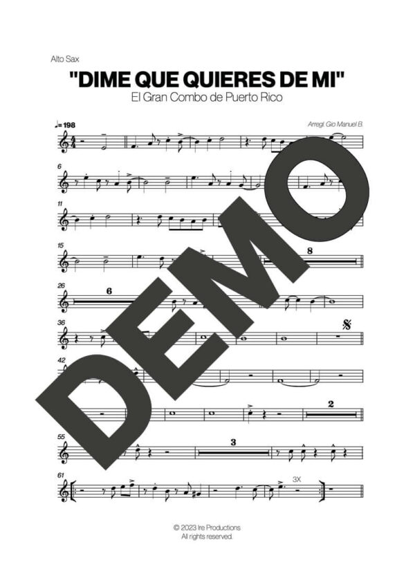 El Gran Combo de Puerto Rico – Dime que Quieres – First Page of Sheet Music Preview (PDF) – Includes charts for Trumpets, Trombones, Saxophone, Piano and Bass