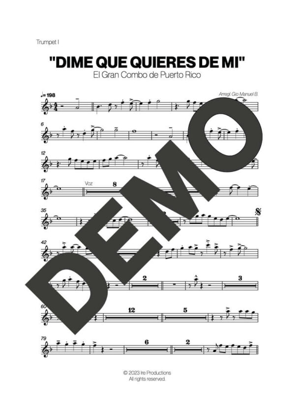 El Gran Combo de Puerto Rico – Dime que Quieres – Sheet Music Demo Page 1 (PDF) – Includes charts for Trumpets, Trombones, Saxophone, Piano and Bass