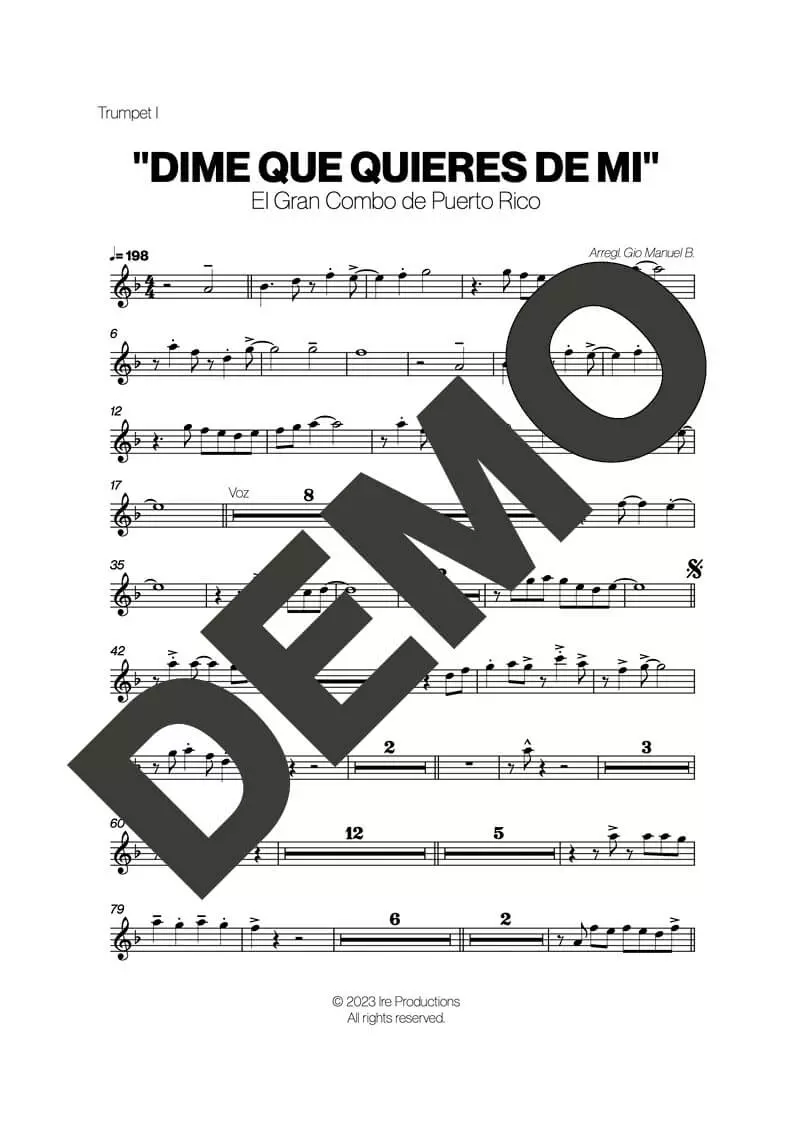 El Gran Combo de Puerto Rico – Dime que Quieres – Sheet Music Demo Page 1 (PDF) – Includes charts for Trumpets, Trombones, Saxophone, Piano and Bass
