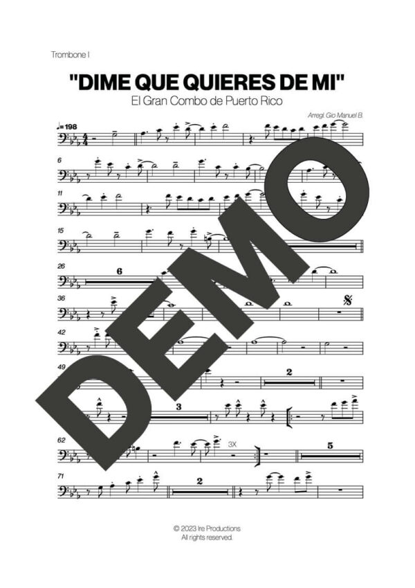 El Gran Combo de Puerto Rico – Dime que Quieres – Sheet Music Demo Page 2 (PDF) – Includes charts for Trumpets, Trombones, Saxophone, Piano and Bass