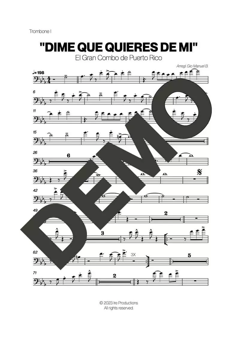 El Gran Combo de Puerto Rico – Dime que Quieres – Sheet Music Demo Page 2 (PDF) – Includes charts for Trumpets, Trombones, Saxophone, Piano and Bass