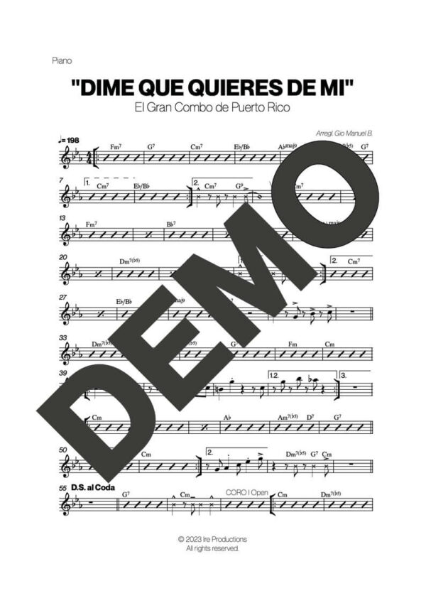 El Gran Combo de Puerto Rico – Dime que Quieres – Sheet Music Demo Page 3 (PDF) – Includes charts for Trumpets, Trombones, Saxophone, Piano and Bass