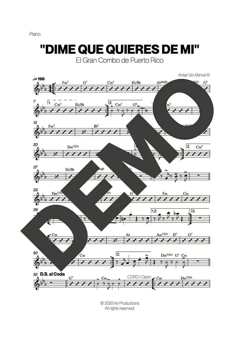 El Gran Combo de Puerto Rico – Dime que Quieres – Sheet Music Demo Page 3 (PDF) – Includes charts for Trumpets, Trombones, Saxophone, Piano and Bass
