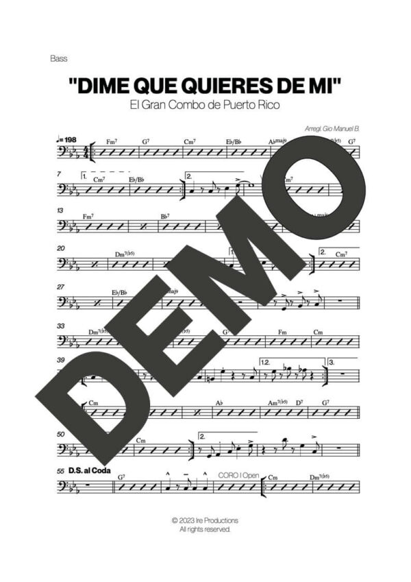 El Gran Combo de Puerto Rico – Dime que Quieres – Sheet Music Demo Page 4 (PDF) – Includes charts for Trumpets, Trombones, Saxophone, Piano and Bass