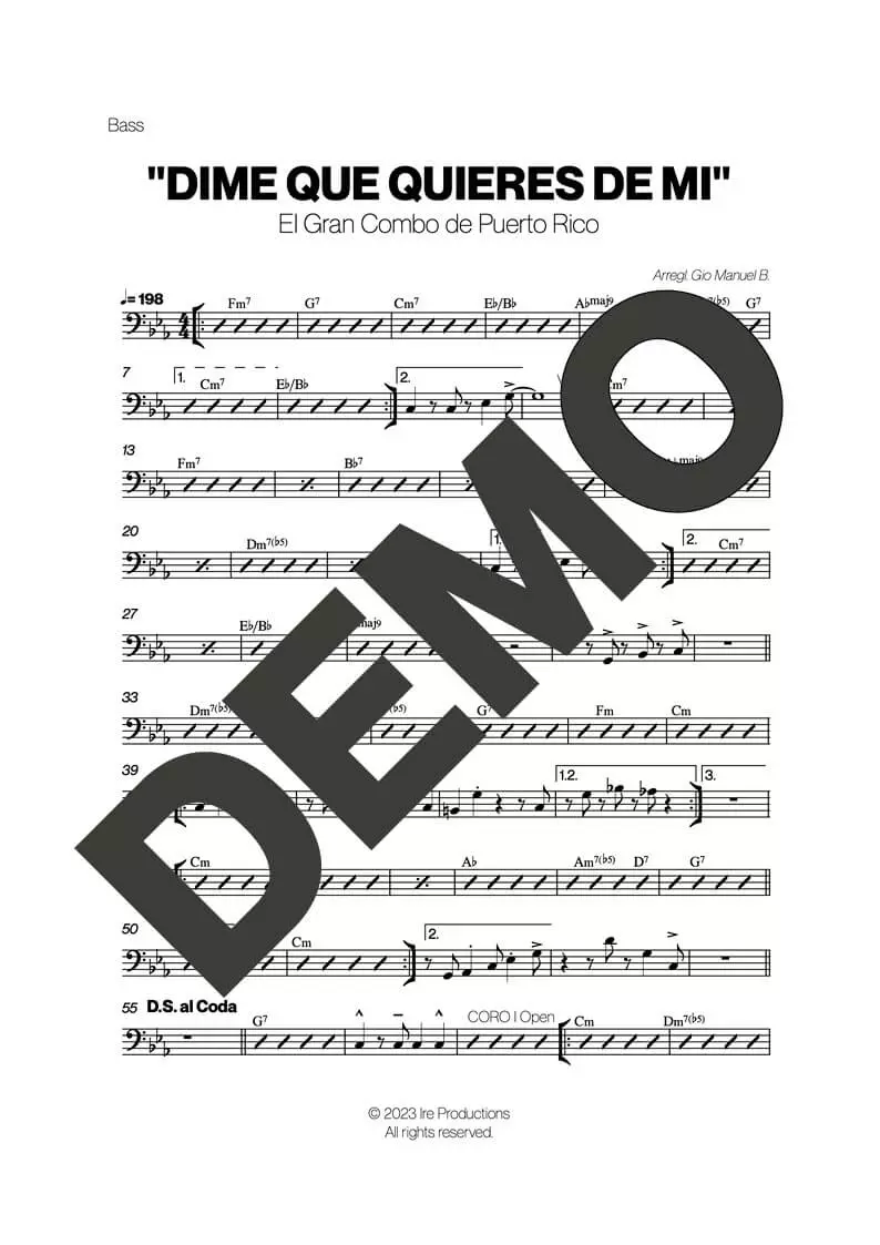 El Gran Combo de Puerto Rico – Dime que Quieres – Sheet Music Demo Page 4 (PDF) – Includes charts for Trumpets, Trombones, Saxophone, Piano and Bass