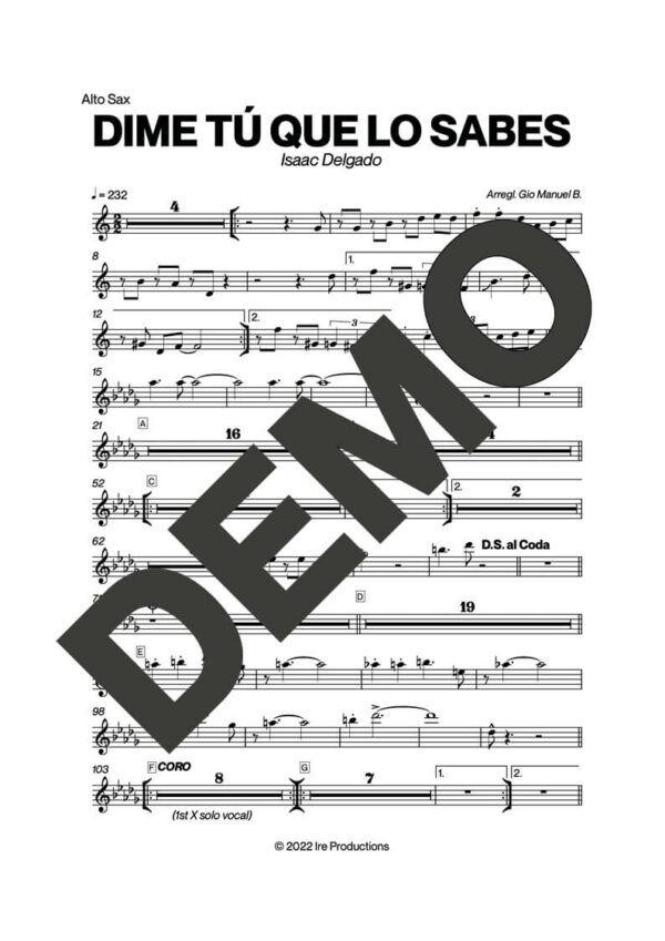 Issac Delgado – Dime Tú Que Lo Sabes – First Page of Sheet Music Preview (PDF) – Includes charts for Trumpets, Trombones, Saxophone, Piano and Bass