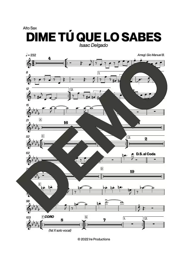 Issac Delgado – Dime Tú Que Lo Sabes – First Page of Sheet Music Preview (PDF) – Includes charts for Trumpets, Trombones, Saxophone, Piano and Bass