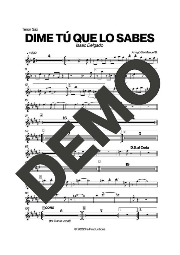Issac Delgado – Dime Tú Que Lo Sabes – Sheet Music Demo Page 1 (PDF) – Includes charts for Trumpets, Trombones, Saxophone, Piano and Bass
