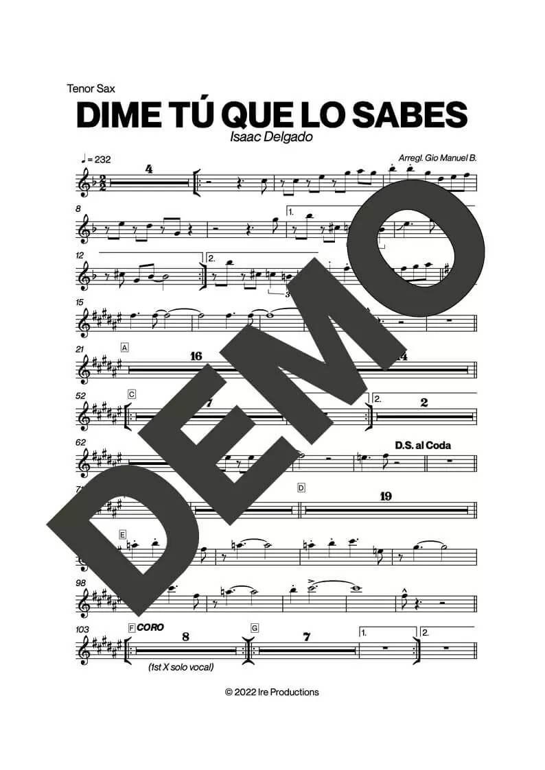 Issac Delgado – Dime Tú Que Lo Sabes – Sheet Music Demo Page 1 (PDF) – Includes charts for Trumpets, Trombones, Saxophone, Piano and Bass
