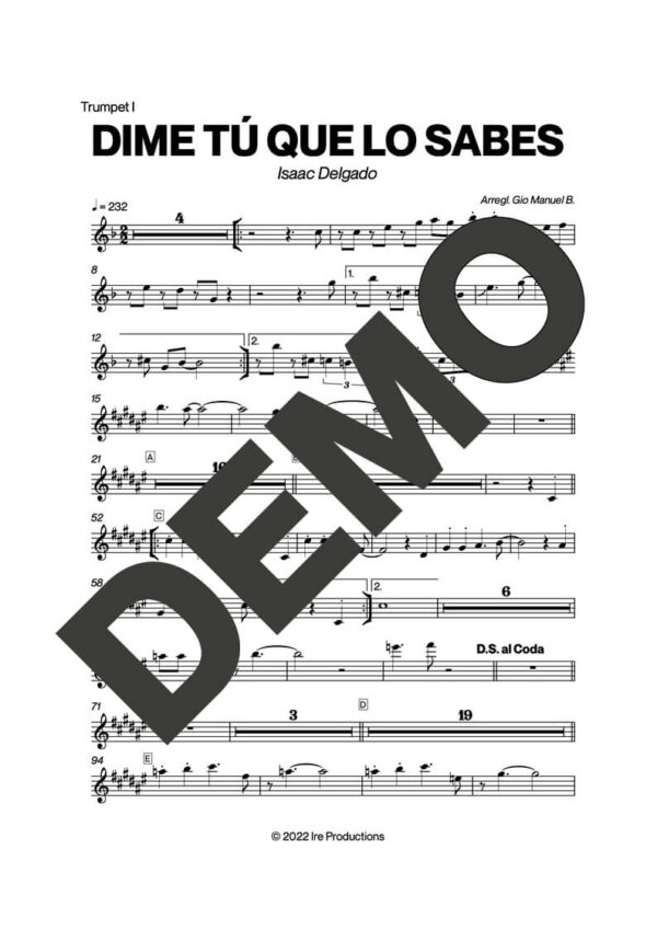 Issac Delgado – Dime Tú Que Lo Sabes – Sheet Music Demo Page 2 (PDF) – Includes charts for Trumpets, Trombones, Saxophone, Piano and Bass