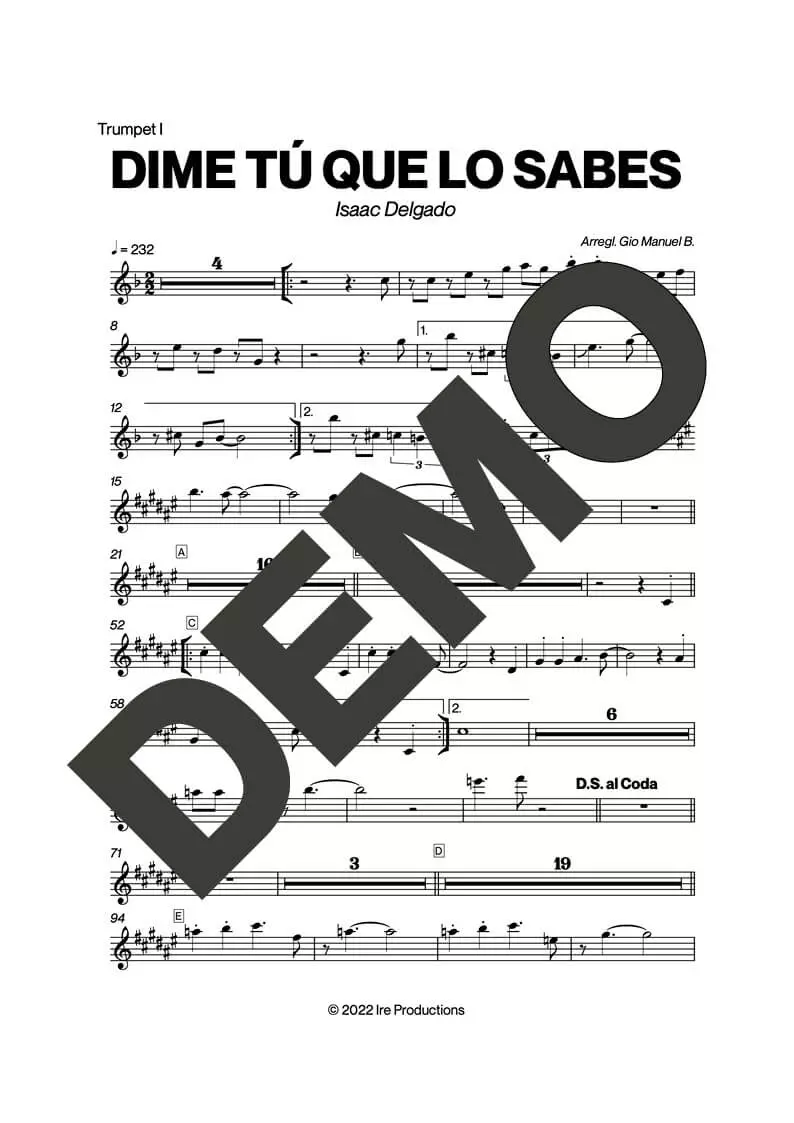 Issac Delgado – Dime Tú Que Lo Sabes – Sheet Music Demo Page 2 (PDF) – Includes charts for Trumpets, Trombones, Saxophone, Piano and Bass