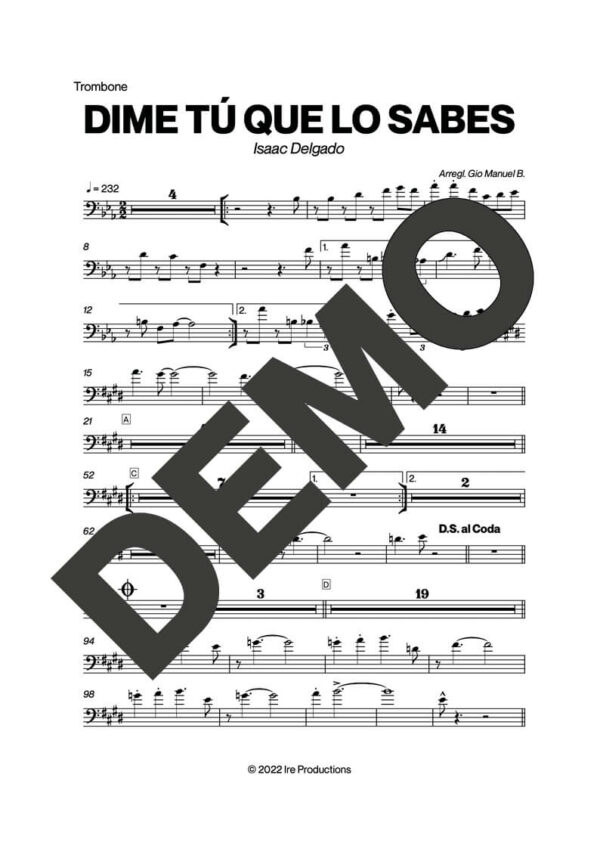 Issac Delgado – Dime Tú Que Lo Sabes – Sheet Music Demo Page 3 (PDF) – Includes charts for Trumpets, Trombones, Saxophone, Piano and Bass
