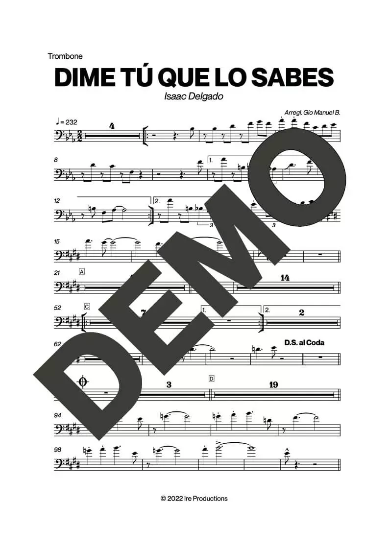 Issac Delgado – Dime Tú Que Lo Sabes – Sheet Music Demo Page 3 (PDF) – Includes charts for Trumpets, Trombones, Saxophone, Piano and Bass