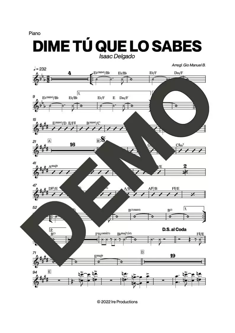 Issac Delgado – Dime Tú Que Lo Sabes – Sheet Music Demo Page 4 (PDF) – Includes charts for Trumpets, Trombones, Saxophone, Piano and Bass
