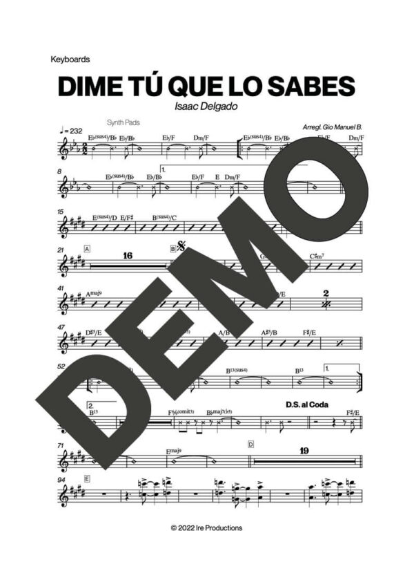 Issac Delgado – Dime Tú Que Lo Sabes – Sheet Music Demo Page 5 (PDF) – Includes charts for Trumpets, Trombones, Saxophone, Piano and Bass
