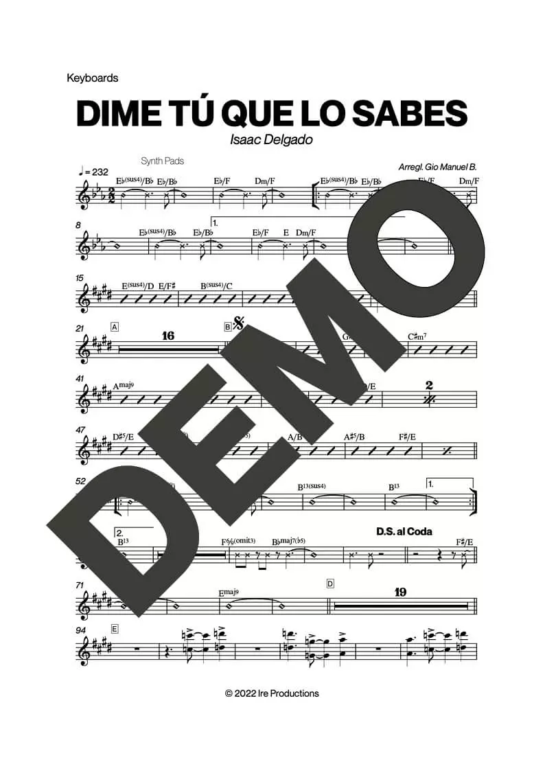 Issac Delgado – Dime Tú Que Lo Sabes – Sheet Music Demo Page 5 (PDF) – Includes charts for Trumpets, Trombones, Saxophone, Piano and Bass
