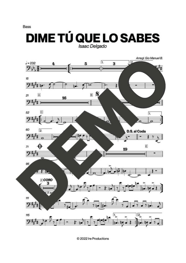 Issac Delgado – Dime Tú Que Lo Sabes – Sheet Music Demo Page 6 (PDF) – Includes charts for Trumpets, Trombones, Saxophone, Piano and Bass