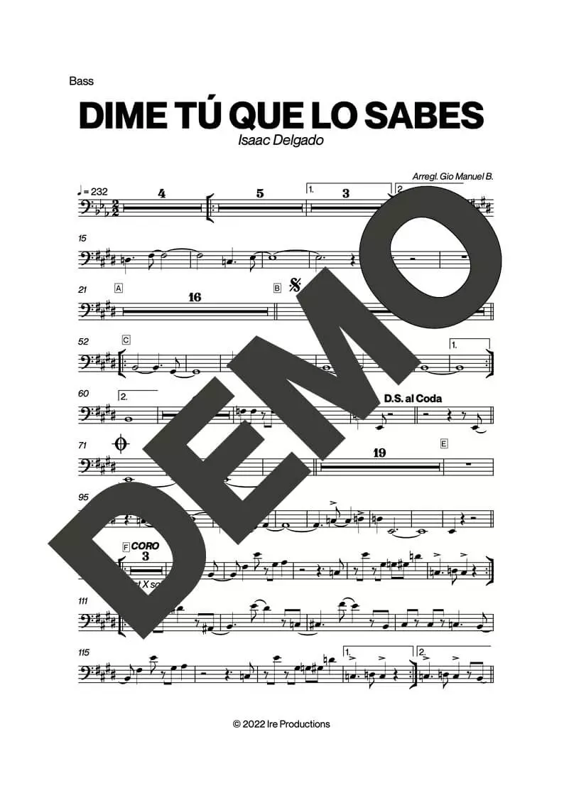 Issac Delgado – Dime Tú Que Lo Sabes – Sheet Music Demo Page 6 (PDF) – Includes charts for Trumpets, Trombones, Saxophone, Piano and Bass