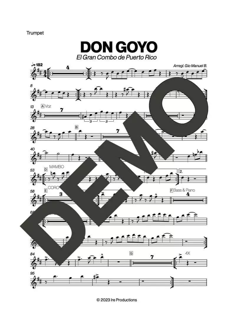 El Gran Combo de Puerto Rico – Don Goyo – Sheet Music Demo Page 1 (PDF) – Includes charts for Trumpets, Trombones, Saxophone, Piano and Bass