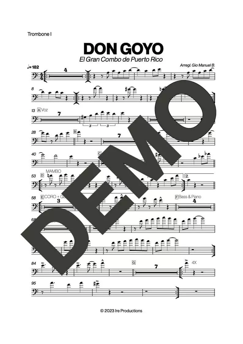 El Gran Combo de Puerto Rico – Don Goyo – Sheet Music Demo Page 2 (PDF) – Includes charts for Trumpets, Trombones, Saxophone, Piano and Bass