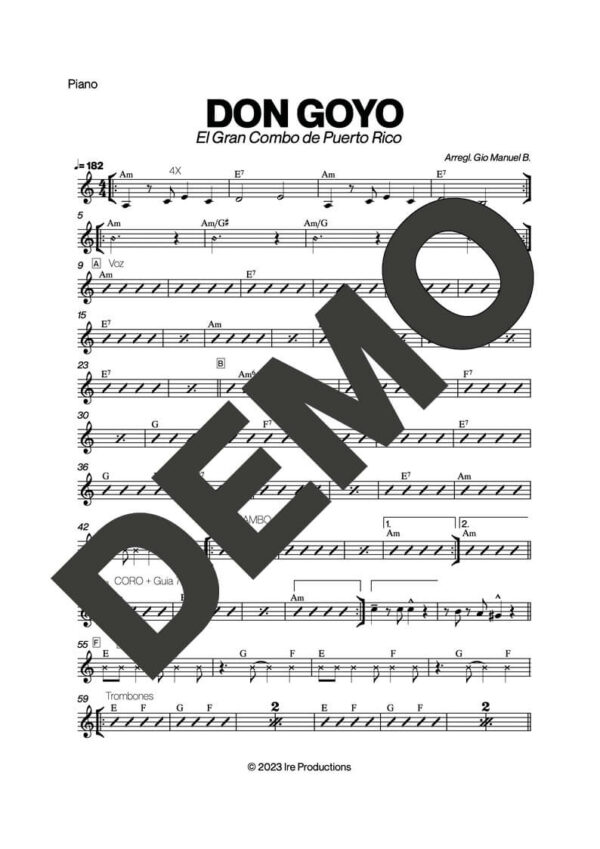 El Gran Combo de Puerto Rico – Don Goyo – Sheet Music Demo Page 3 (PDF) – Includes charts for Trumpets, Trombones, Saxophone, Piano and Bass