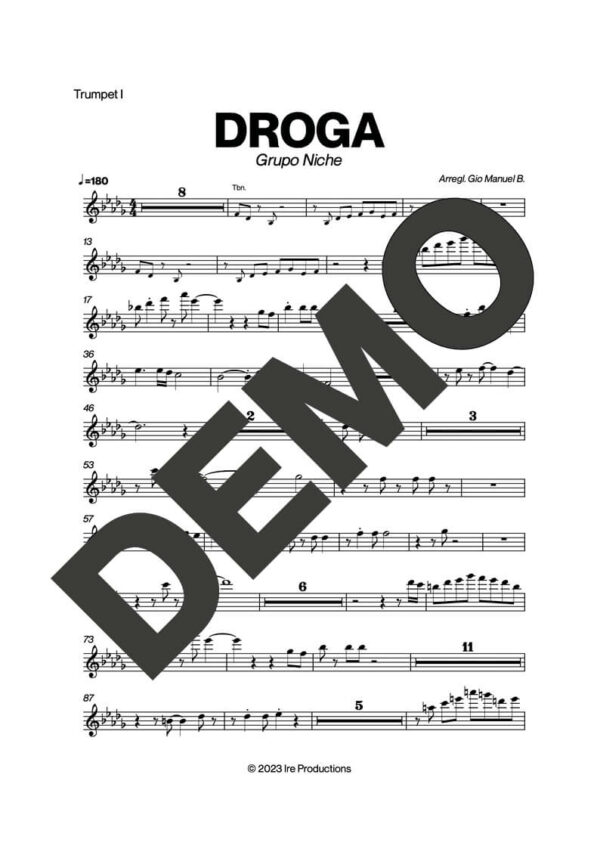 Grupo Niche – Droga – First Page of Sheet Music Preview (PDF) – Includes charts for Trumpets, Trombones, Saxophone, Piano and Bass