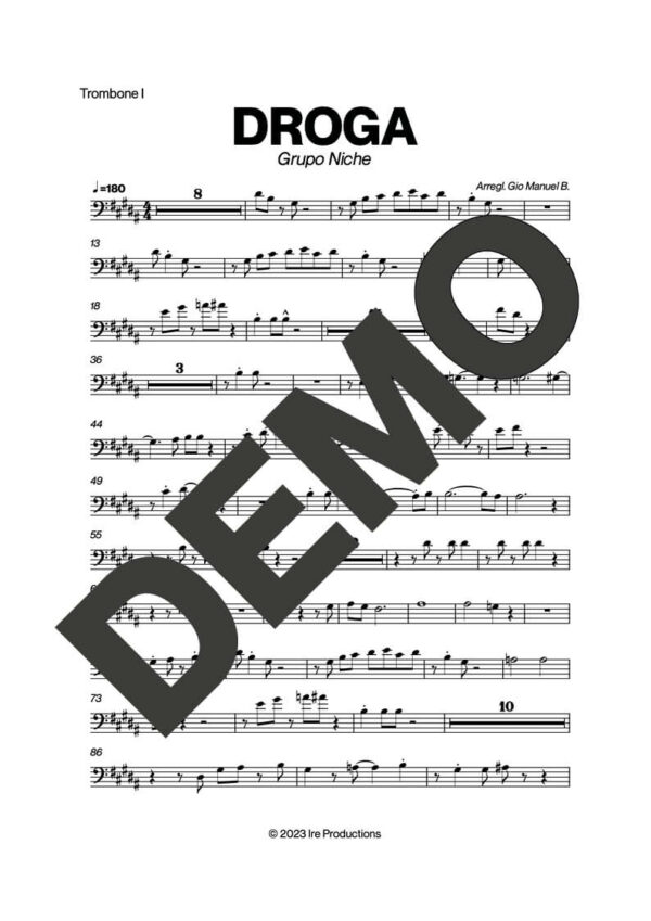 Grupo Niche – Droga – Sheet Music Demo Page 1 (PDF) – Includes charts for Trumpets, Trombones, Saxophone, Piano and Bass