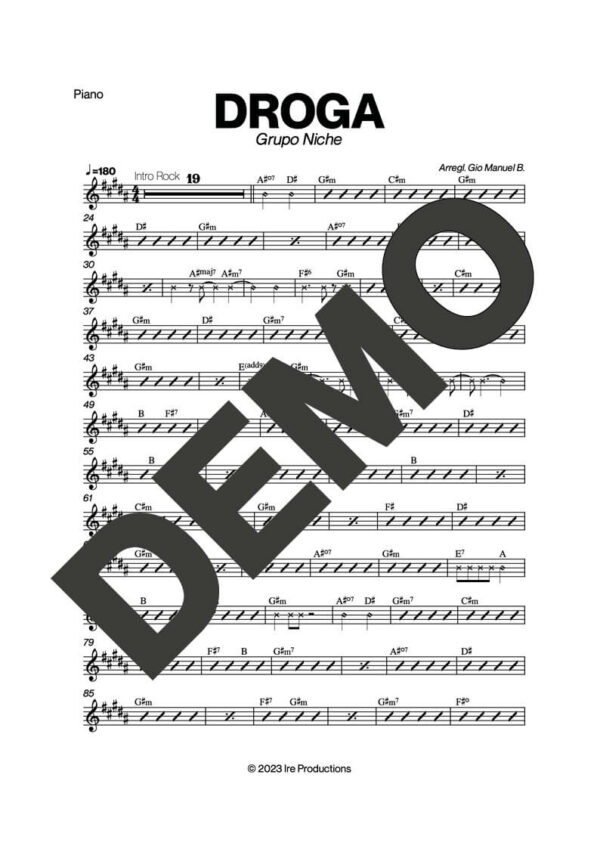 Grupo Niche – Droga – Sheet Music Demo Page 2 (PDF) – Includes charts for Trumpets, Trombones, Saxophone, Piano and Bass